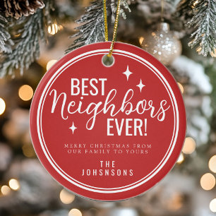 Best Neighbors Ever Retro Red and White Ceramic Ornament