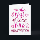 Best Niece Ever 40th Birthday Typography in Pink Card<br><div class="desc">Simple but bold typography in pink tones to wish your Best Niece EVER a Happy 40th Birthday. © Ness Nordberg</div>