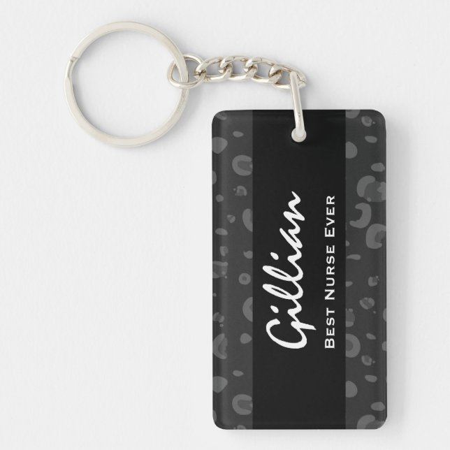Best Nurse Ever Custom Name Black Leopard Gift Keychain (Front)