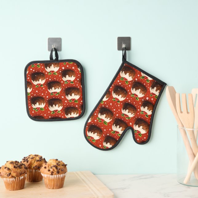 Best of Christmas pudding pattern oven mitt and po & Pot Holder Set (Insitu(Hanging))