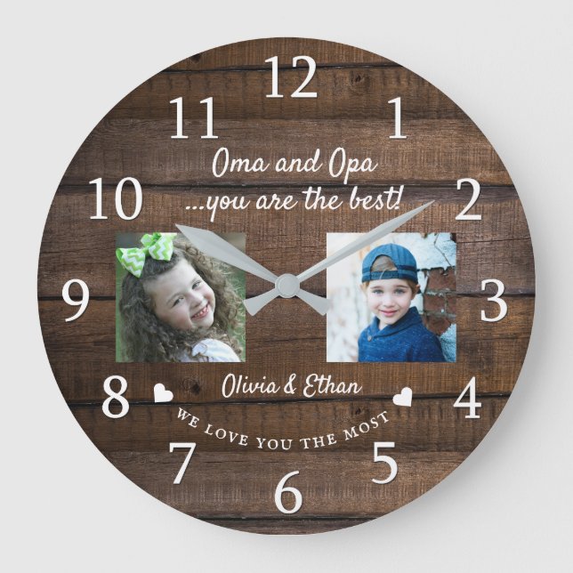 Best Oma and Opa Grandkids Photo Collage Wood  Large Clock (Front)