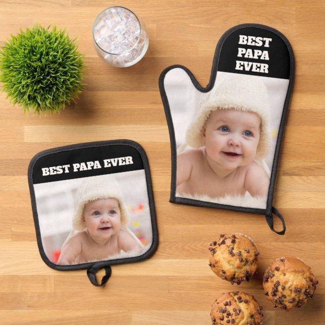 Best Papa Ever Baby Photo Father's Day Oven Mitt & Pot Holder Set (Top Down)