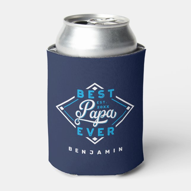 Best Papa Ever Baseball Diamond Name & Monogram Can Cooler (Can Front)