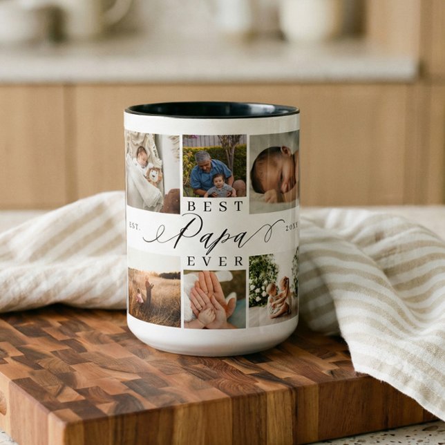 Best Papa Ever Elegant Script 8 Photo Collage Two-Tone Coffee Mug (Father’s Day Gift Best Papa Ever Photo Collage Two-Tone Coffee Mug)