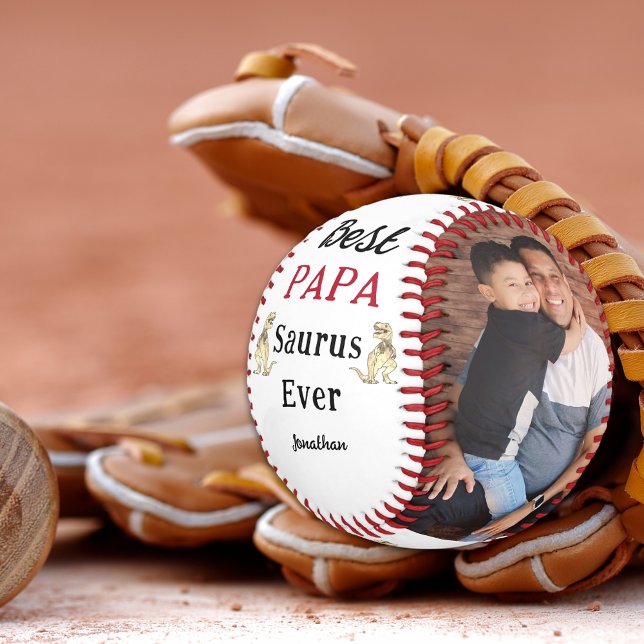Best Papa Saurus Ever Personalized Photos Baseball (Best papa saurus ever 3 photo collage kids names funny dino personalized baseball keepsake for dad)