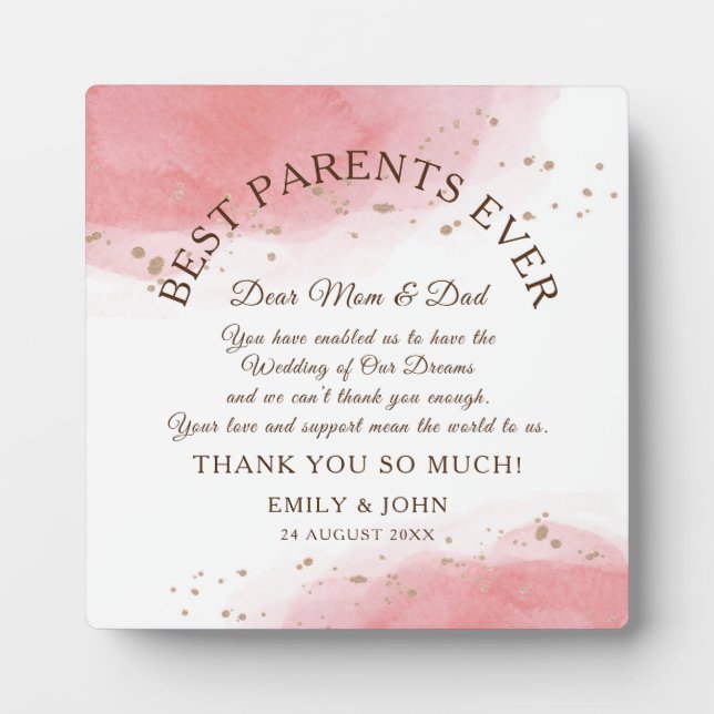 Best Parents Ever/Coral/Gold Thank You Wedding Plaque (Front)