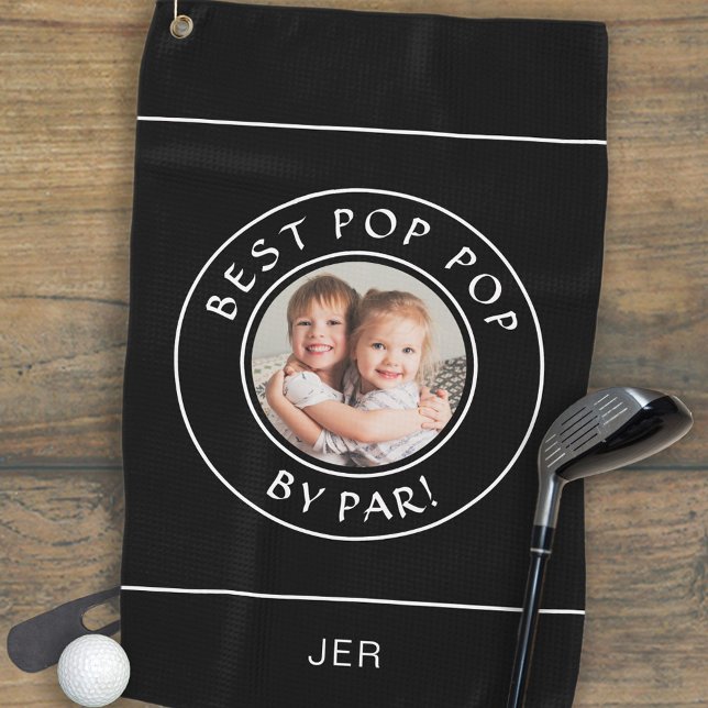 Best Pop Pop By Par Golfer Cute Photo Gift Black Golf Towel (Best Pop Pop By Par Golfer Cute Photo Gift Black Golf Towel)