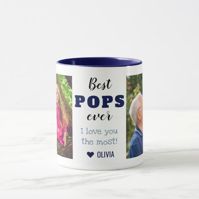 Best Pops Ever Love You Most 2 Photo Collage Blue Mug (Center)