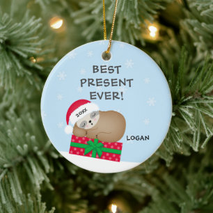 Best Present Ever Sloth Baby's First Christmas Ceramic Ornament