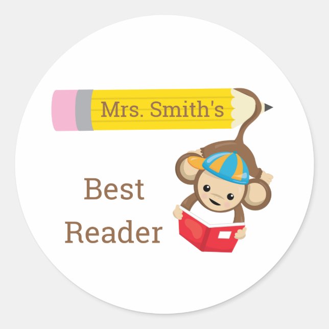 Best Reader Customizable Monkey Reading Book Classic Round Sticker (Front)