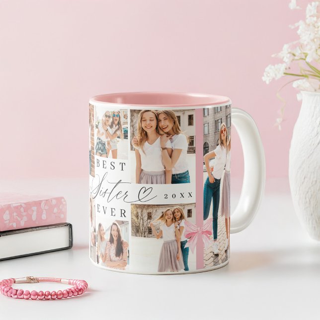 Best Sister Ever Sister Script Bow Photo Collage Two-Tone Coffee Mug (Best Sister Ever Sister Script Bow Photo Collage Two-Tone Coffee Mug)