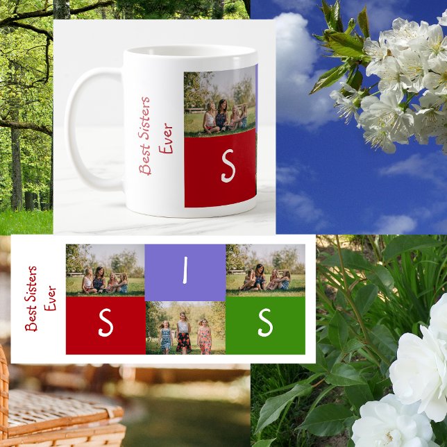 Best Sisters Ever SIS Love 3 Photos Left-Hand Coffee Mug (Best Sisters Ever. Personalized mug with 3 photos. Elegant, modern, minimalist. SIS letters)