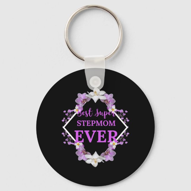Best Super Stepmom Ever Violet Text with Violet Fl Keychain (Front)