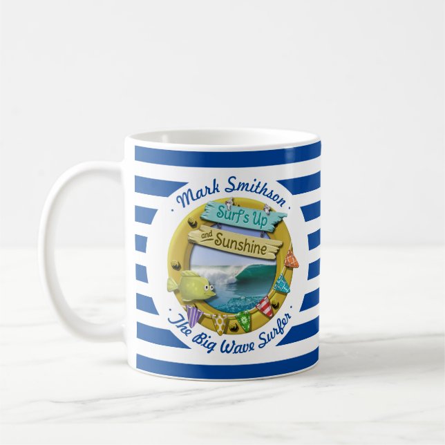 Best Surfer Sunshine Nautical Navy Stripe Porthole Coffee Mug (Left)