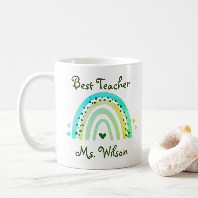 Best Teacher Custom Name Cute Green Rainbow Coffee Mug (With Donut)