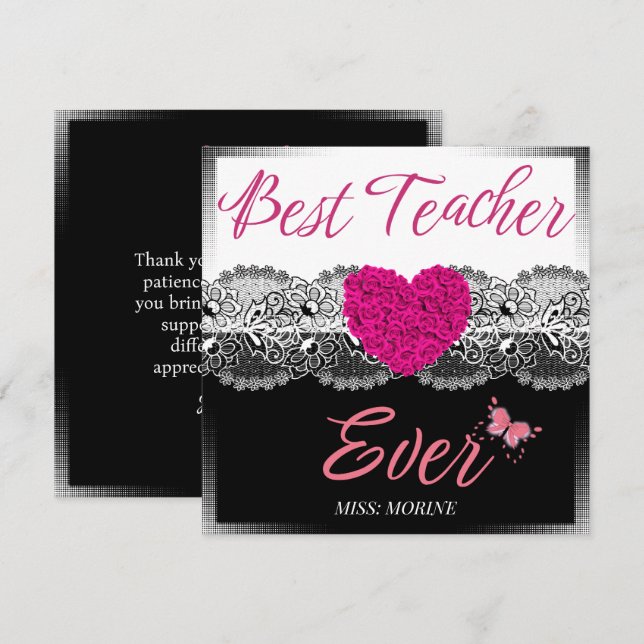 Best Teacher Ever Black & White with Pink Heart  Thank You Card (Front/Back)
