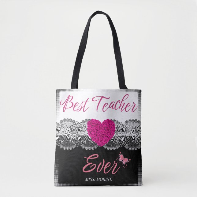 Best Teacher Ever Black & White with Pink Heart  Tote Bag (Front)