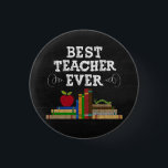 Best Teacher Ever Chalkboard 1 Inch Round Button<br><div class="desc">Celebrate the educators who make a lasting impact with this charming “Best Teacher Ever” pin. Designed to resemble a classic chalkboard, this badge features bold white lettering accented by colorful stacks of books and a bright red apple — timeless symbols of education and appreciation. The rich black background gives it...</div>