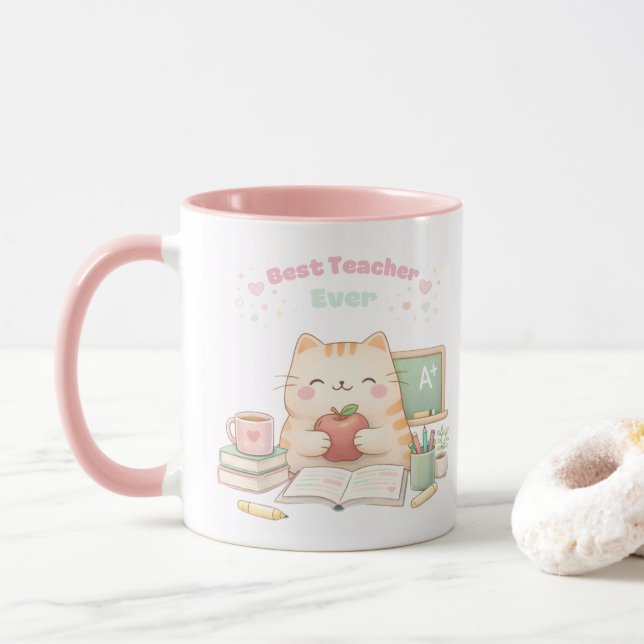 Best Teacher Ever Cute Kawaii Kitty Cat Sweet Pink Mug (With Donut)