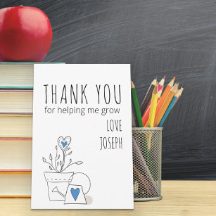 Best Teacher Ever Doodle Art Plant and Blue Heart Thank You Card