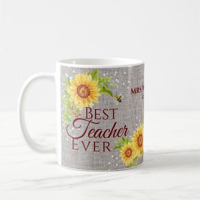 Best Teacher Ever Floral Sunflower Burlap Mug (Left)