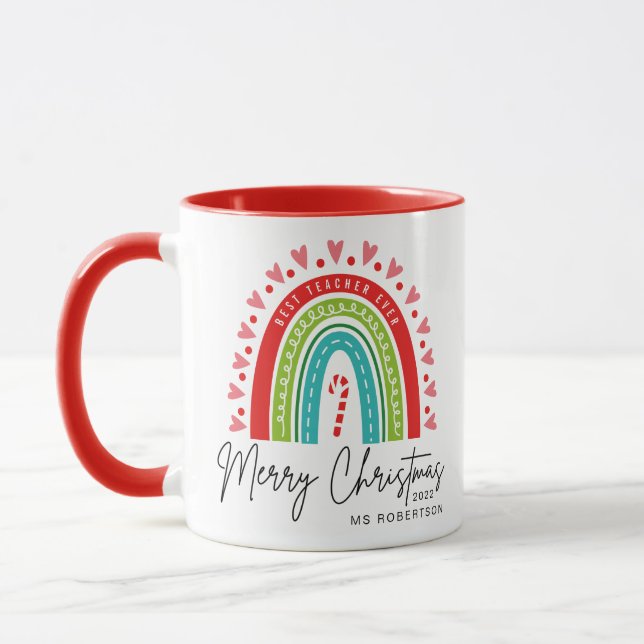 Best Teacher Ever Merry Christmas Modern Rainbow Mug (Left)