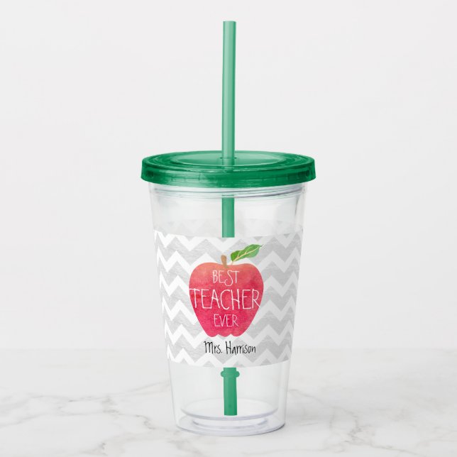 Best Teacher Ever Personalized Apple Chevron Acrylic Tumbler (Front)