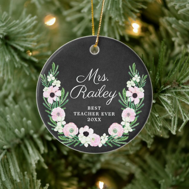 Best Teacher Ever Personalized Boho Flower Wreath Ceramic Ornament (Tree)