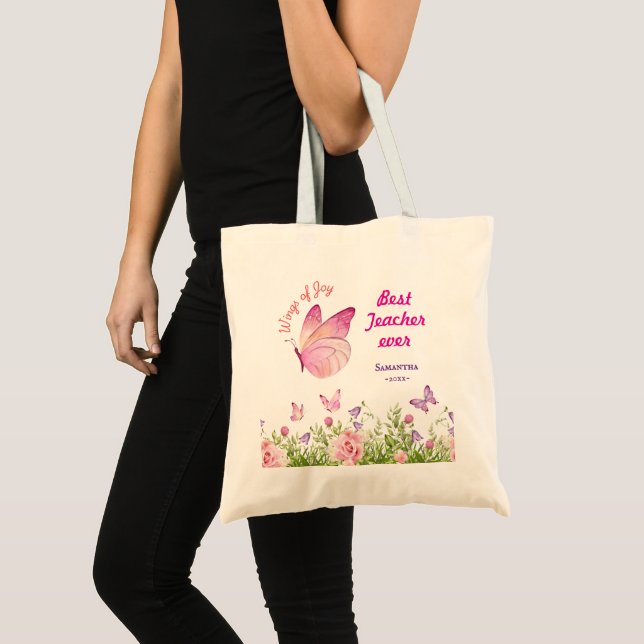 Best Teacher ever Personalized Butterfly pink Tote Bag (Front (Product))