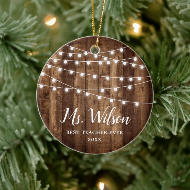 Best Teacher Ever Personalized Faux Barn Wood Ceramic Ornament (Tree)