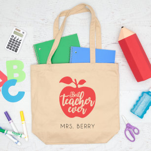 Best Teacher Ever Red Apple Personalized Large Tote Bag
