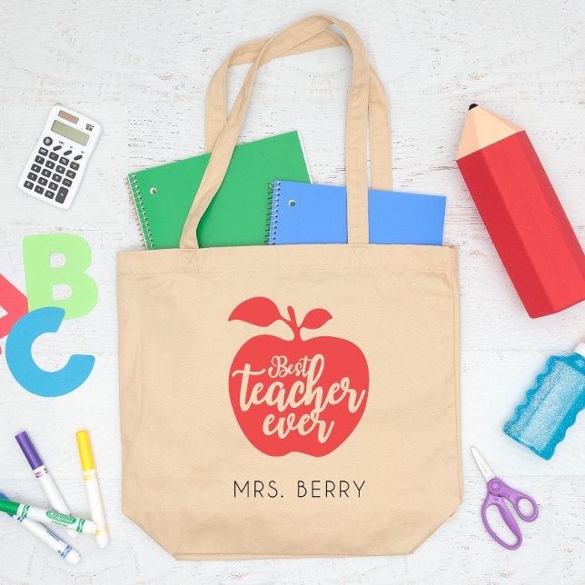 Best Teacher Ever Red Apple Personalized Large Tote Bag (Creator Uploaded)