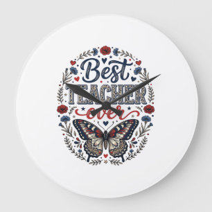 Best Teacher Ever Vintage Butterfly Floral Shirt_1 Large Clock