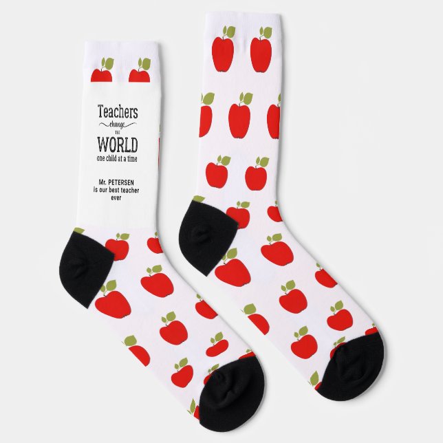 Best teacher name personalized red apple pattern socks (Right)