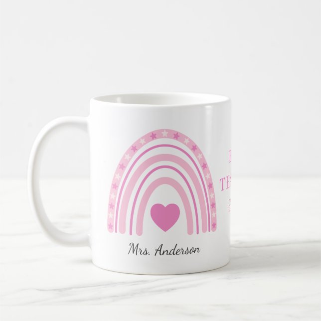 Best Teacher Pink Boho Rainbow Name  Coffee Mug (Left)