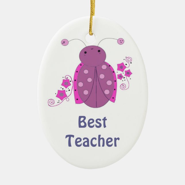 Best Teacher Whimsical Pink Ladybug Ceramic Ornament (Front)