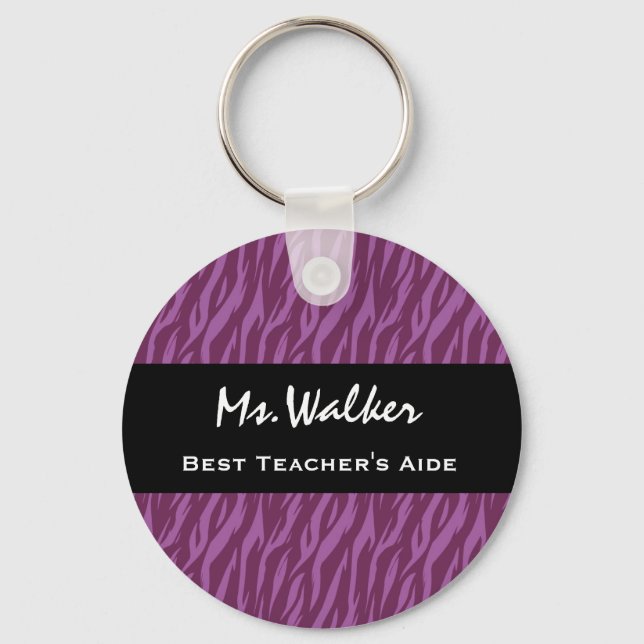 Best TEACHER'S AIDE Purple and Black Zebra Gift Keychain (Front)