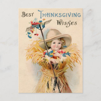 Best Thanksgiving Wishes Vintage Country Child  Holiday Postcard