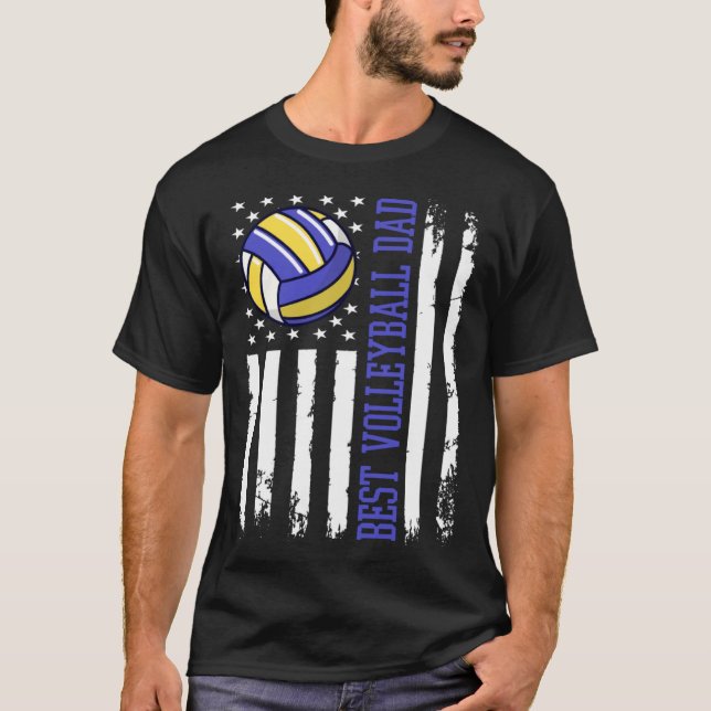 Best Volleyball Dad Volleyball Daddy US Flag T-Shirt (Front)
