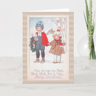 Best Wishes Christmas Children Boy Girl Vintage  Holiday Card