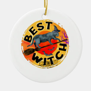 Best Witch – Halloween Black Cat on Broom Ceramic Ornament