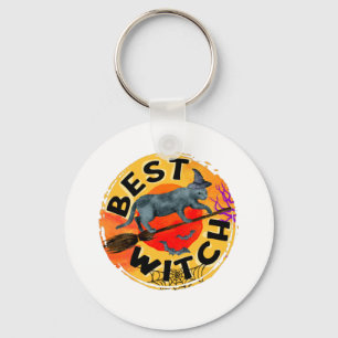 Best Witch – Halloween Black Cat on Broom Keychain