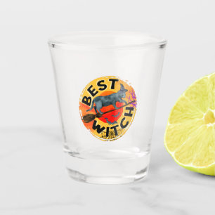 Best Witch – Halloween Black Cat on Broom Shot Glass