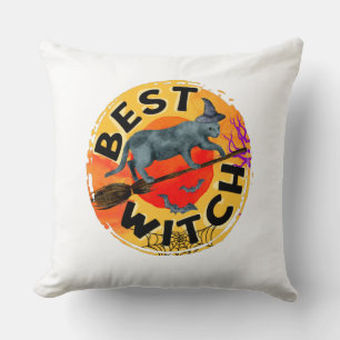 Best Witch – Halloween Black Cat on Broom Throw Pillow