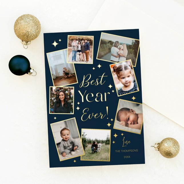 Best Year Ever! 8 Family Photo Scrapbook Collage Foil Holiday Card (Creator Uploaded)