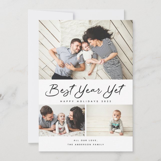 Best Year Yet Modern Script 3 Collage Photo Holiday Card (Front)