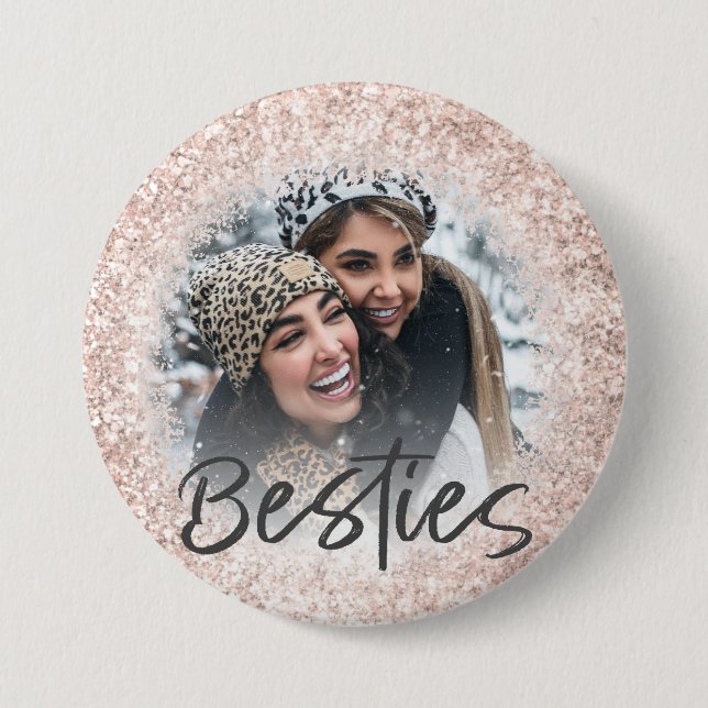Bestie Rose Gold Glitter Photo Template 3 Inch Round Button (Front)