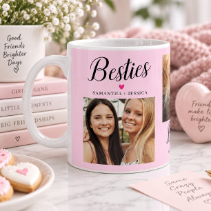 BESTIE Script Pink 3 Photo Collage & Names Coffee Mug