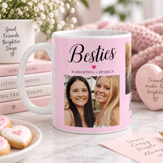 BESTIE Script Pink 3 Photo Collage & Names Coffee Mug