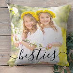 Besties 2 Photo Black Script Overlay  Throw Pillow<br><div class="desc">Best friends photo pillow, personalized with your names. The photo template is set up for you to add your own pictures - one of the front and one on the back. The front has an elegant script overlay which simply reads "besties" whilst the back has your names in bold typography....</div>